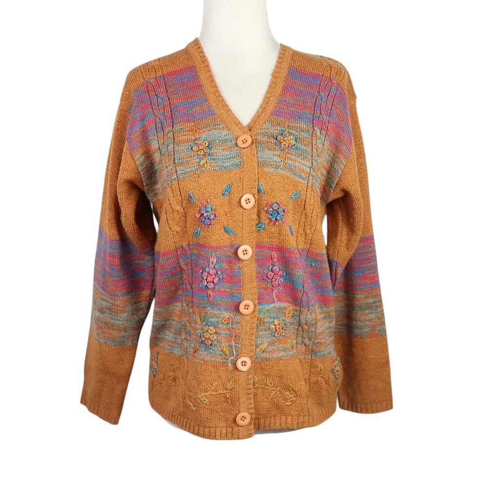 Vintage 90s Burnt Orange Floral Embroidered Cardigan Sweater M